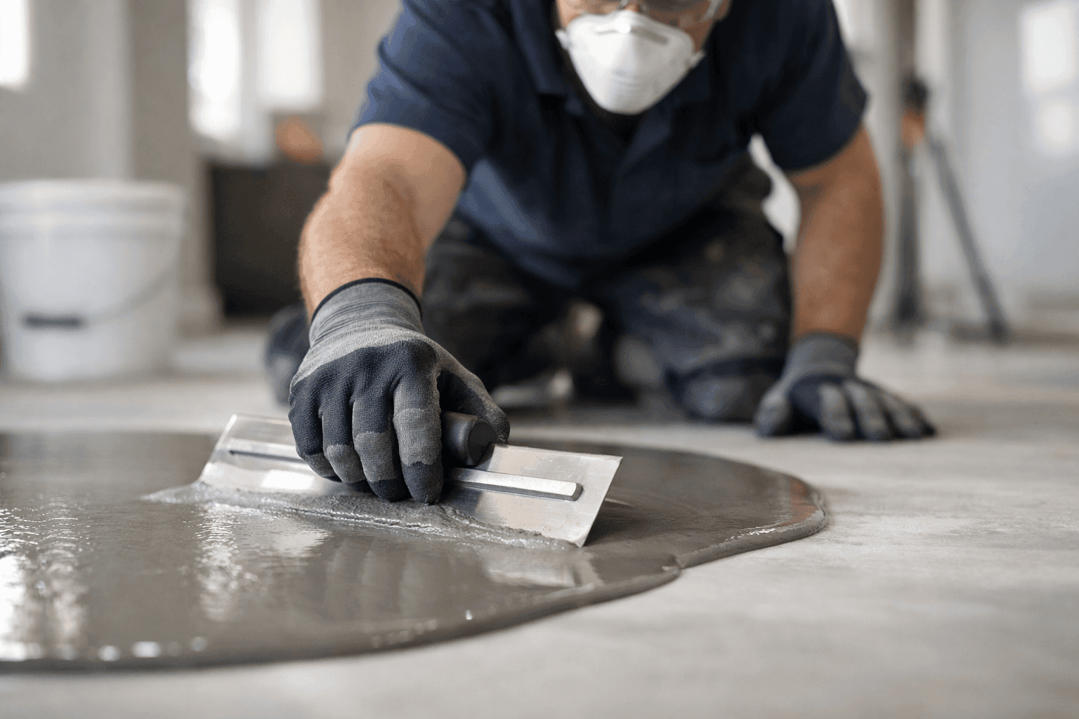 Technician preparing subfloor with leveling compound before new flooring